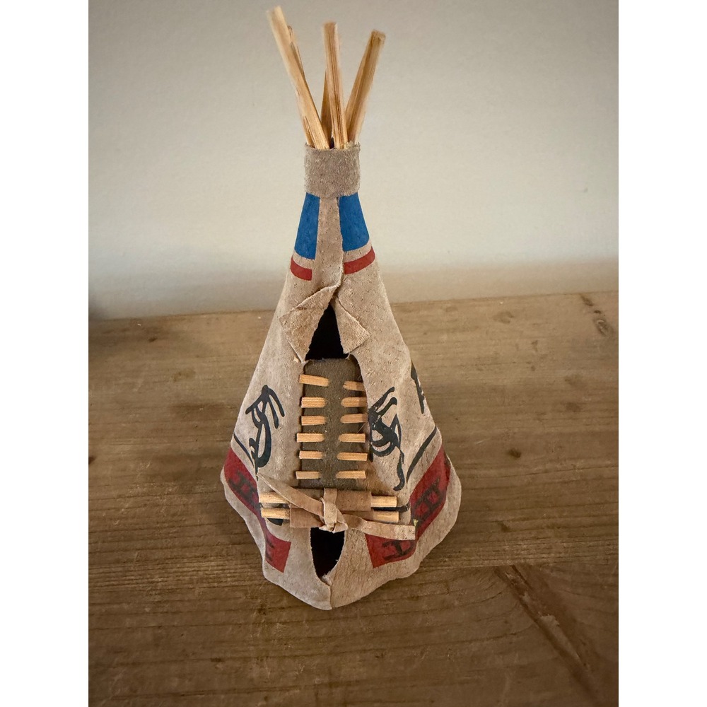 Vintage Miniature Leather Teepee Southwestern Hand Painted Kokopelli Decor 8"